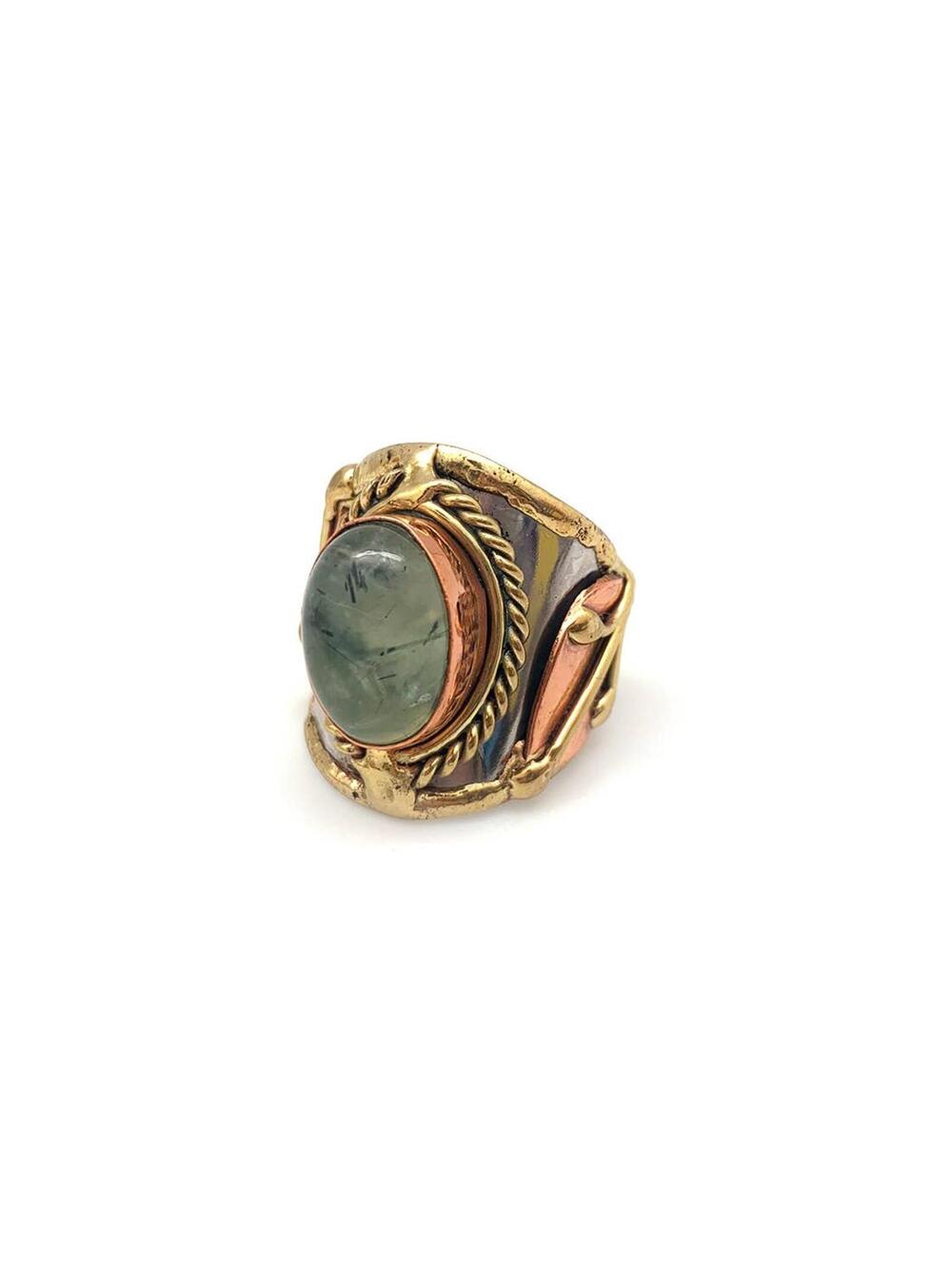 Mixed Metal and Moss Agate Stone Ring Adjustable